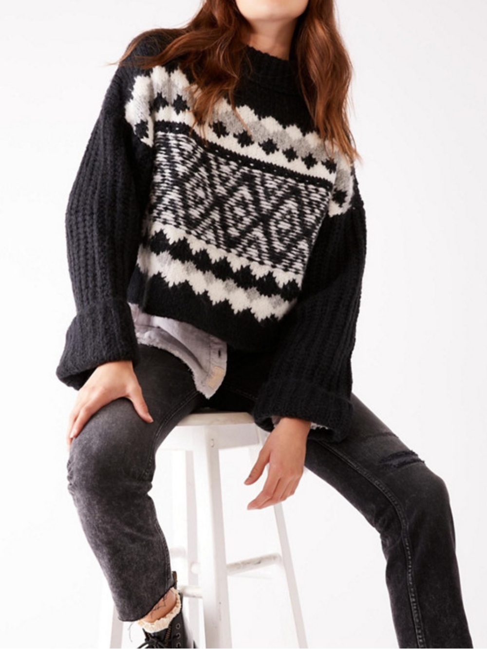 Free People Alpine Pullover Fair Isle Sweater in Onyx Combo size Small $148
